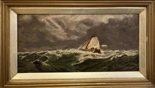 ANTIQUE OIL PAINTING British Primitive Stormy Seascape Off TRURO CORNWALL 1918