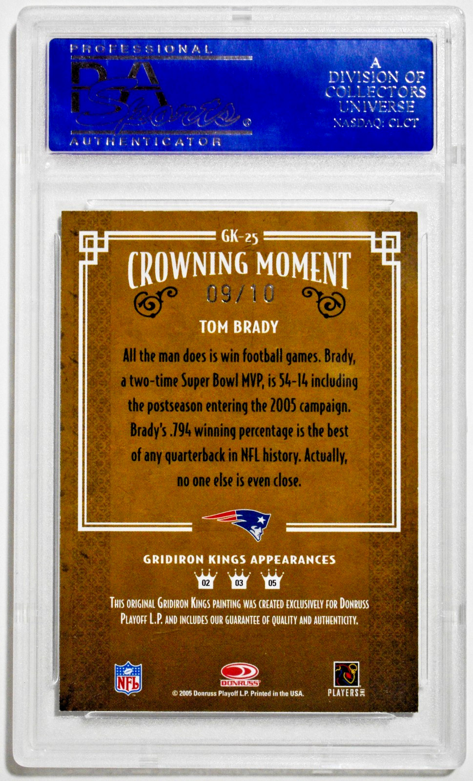 2005 Donruss Gridiron Framed Blue Platinum Tom Brady /10 SSP PSA 9 view 2