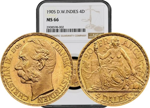 1905 Danish West Indies: Christian IX gold 4 Daler (20 Francs) NGC MS66