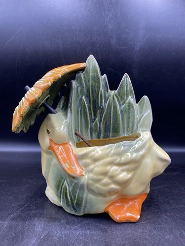 McCoy Green & Orange Duck Planter With Matching Umbrella Exc Cond 1954