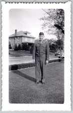 Vtg B&W Snapshot US Army Soldier Uniform Garrison Cap House Yard 1940s