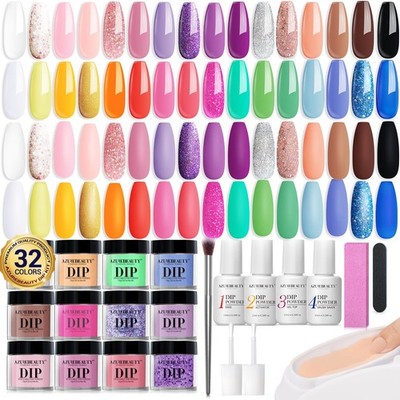AZUREBEAUTY 42Pcs Dip Powder Nail Kit Starter, 32 Colors Spring Rainbow Brigh...
