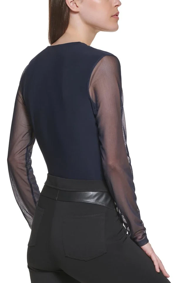 DKNY BLACK Mixed-Media V-Neck Bodysuit, US Large - Image 2 of 2