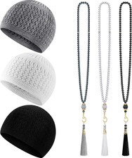 6 Pcs Kufi Hats for Men Muslim Hat and Prayer Beads Set Stretchy Taqiyah Cap Lar