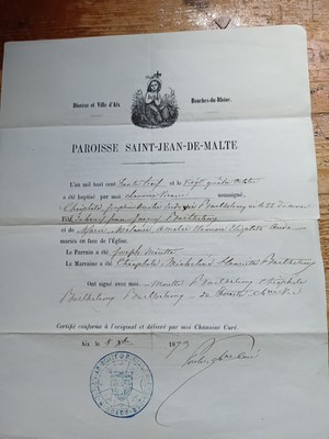 TAUFURKUNDE Pfarrei Stean De Malta Aix en Provence 1873