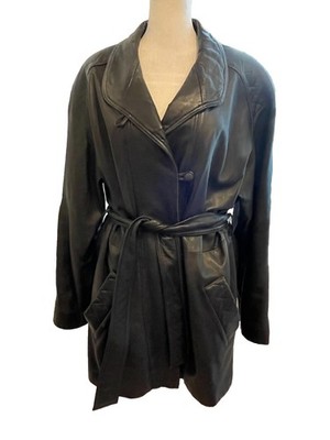 LONDON FOG Vtg 80s Solid Black Womens Genuine Leather Belted Jacket Coat Size Sm