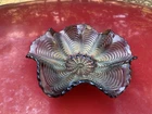 ANTIQUE FENTON PURPLE CARNIVAL GLASS BOWL PEACOCK TAIL PATTERN RUFFLED EDGE