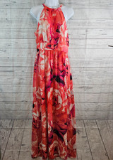 Eliza J Womens Maxi Dress Sz 10 Pink Floral Sleeveless Pleated Tie Back