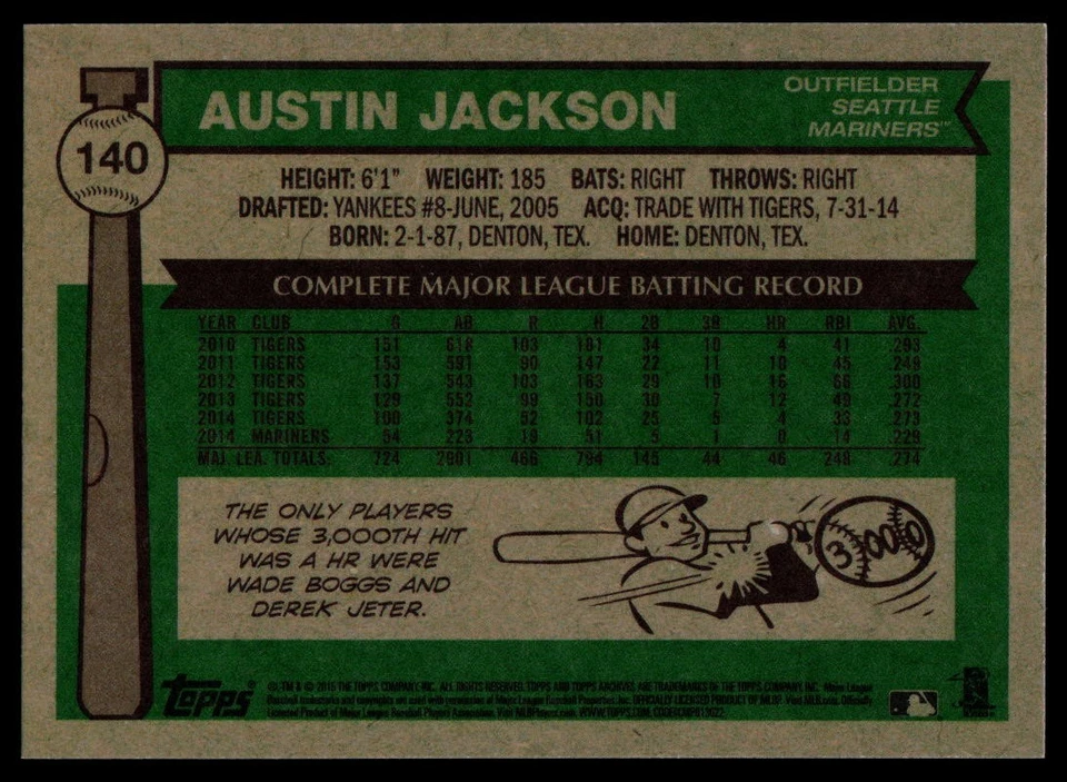 2015 Topps Archives #140 Austin Jackson Seattle Mariners - Image 2 of 2