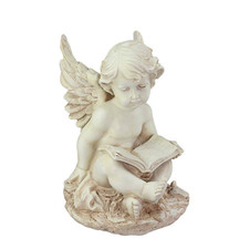 12 In. Heavenly Gardens Ivory Sitting Cherub Angel with Book Outdoor Patio Garde