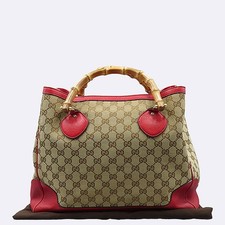 Gucci GG Logo Red Leather Bamboo Tote Bag