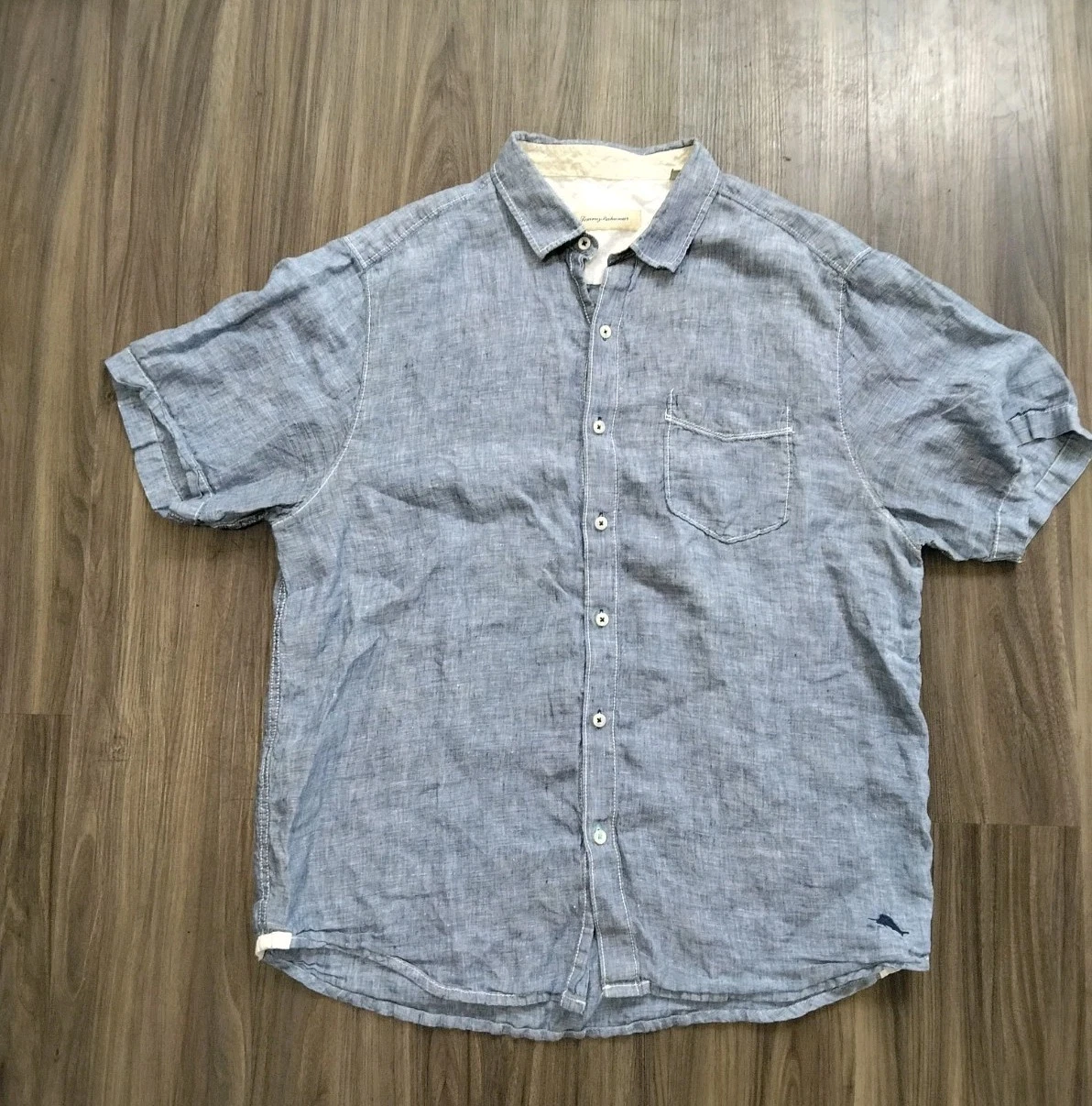 Tommy Bahama Shirt Mens L/G Blue 100% Linen Button Up Hawaiian Marlin Logo