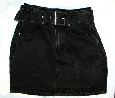 Y2k Forever 21 Mini Skirt S Black Denim Belt Buckle Gothic Grunge Punk Rave 2007