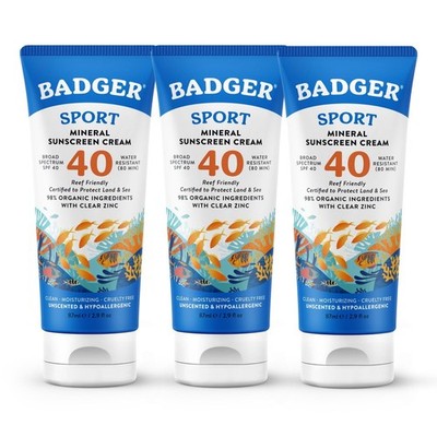 Badger Sport Mineral Sunscreen Cream SPF 40 Reef Friendly 2.9 oz 3 PACK