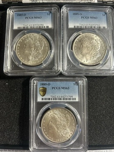 LOT OF (3) 1885-O PCGS MS63 MORGAN SILVER DOLLARS 90% SILVER 🔥🔥📈📈