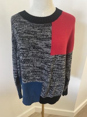 PLANET by Lauren G Patchwork Marled Black/White Red/Blue Cotton Sweater OSFM