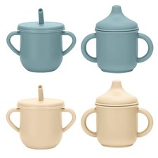 4 PCS Silicone Toddler Cups Set Straw Sippy Cups Training Handles Blue Beige