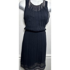 Eli Tahari Silk Demetria Dress 4 Navy Blue Sleeveless Lace Metal Fringe Party
