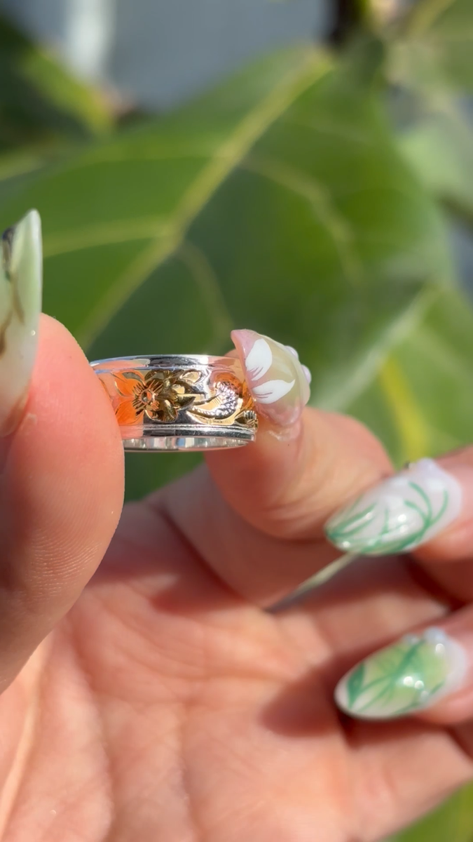 Hawaiian Jewelry Silver Gold Queen Scroll Flower Wedding Ring Band