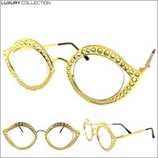 EXAGGERATED Retro PARTY Club Rave Clear Lens Eye Shaped Glasses Gold Metal Frame