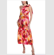 Farm Rio Patch Twirl One Shoulder Maxi Dress Size XL Cotton Pink Red Boho Resort