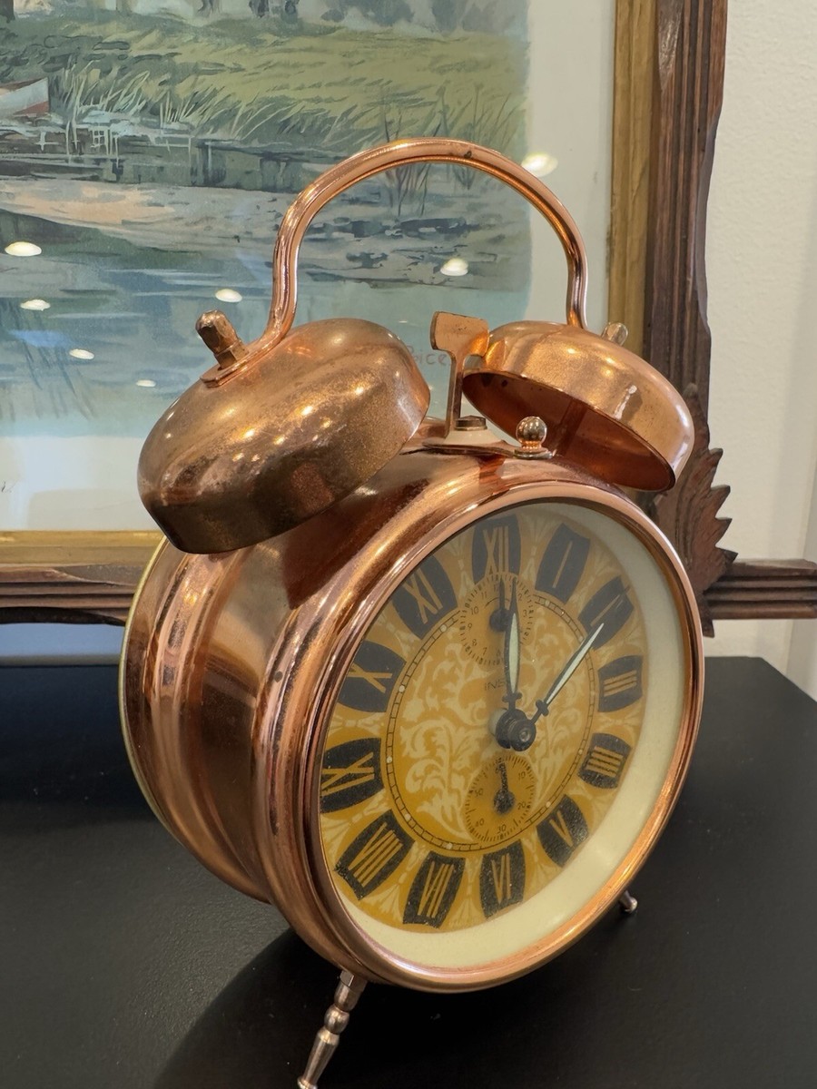 MCM INSA Yugoslavia Copper Alarm Clock Peg Leg Double Bell Wind Up