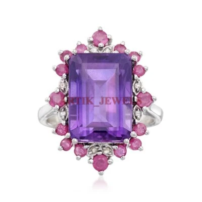 Natürlicher Amethyst & Beheizter Rubin 925 Sterlingsilber Ring Damen #3711 - Bild 1 von 4