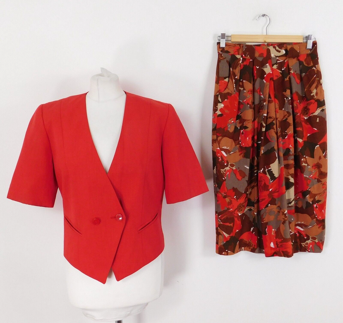 Vintage M&S Red Brown Floral Skirt Suit Size 10 Classic Power