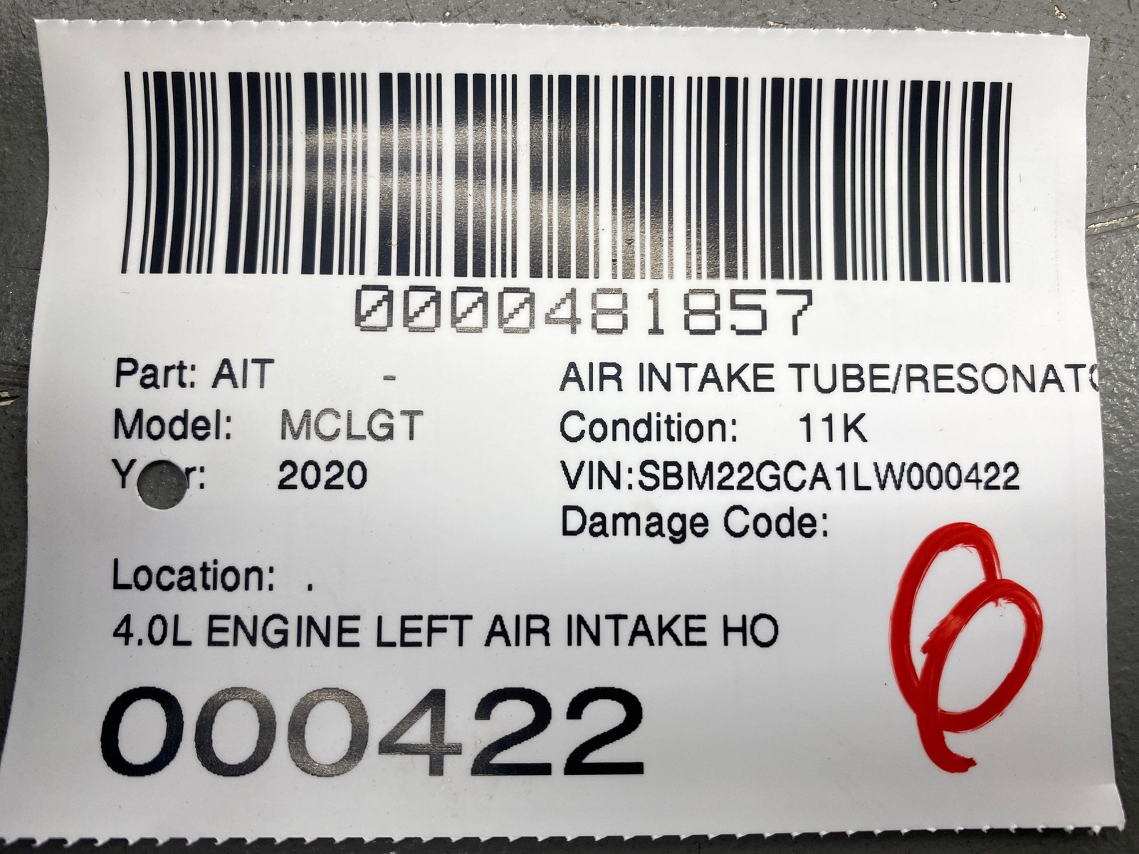 2020-2023 MCLAREN GT 4.0L ENGINE LEFT AIR INTAKE HOSE PIPE 22FA065GP OEM 2021