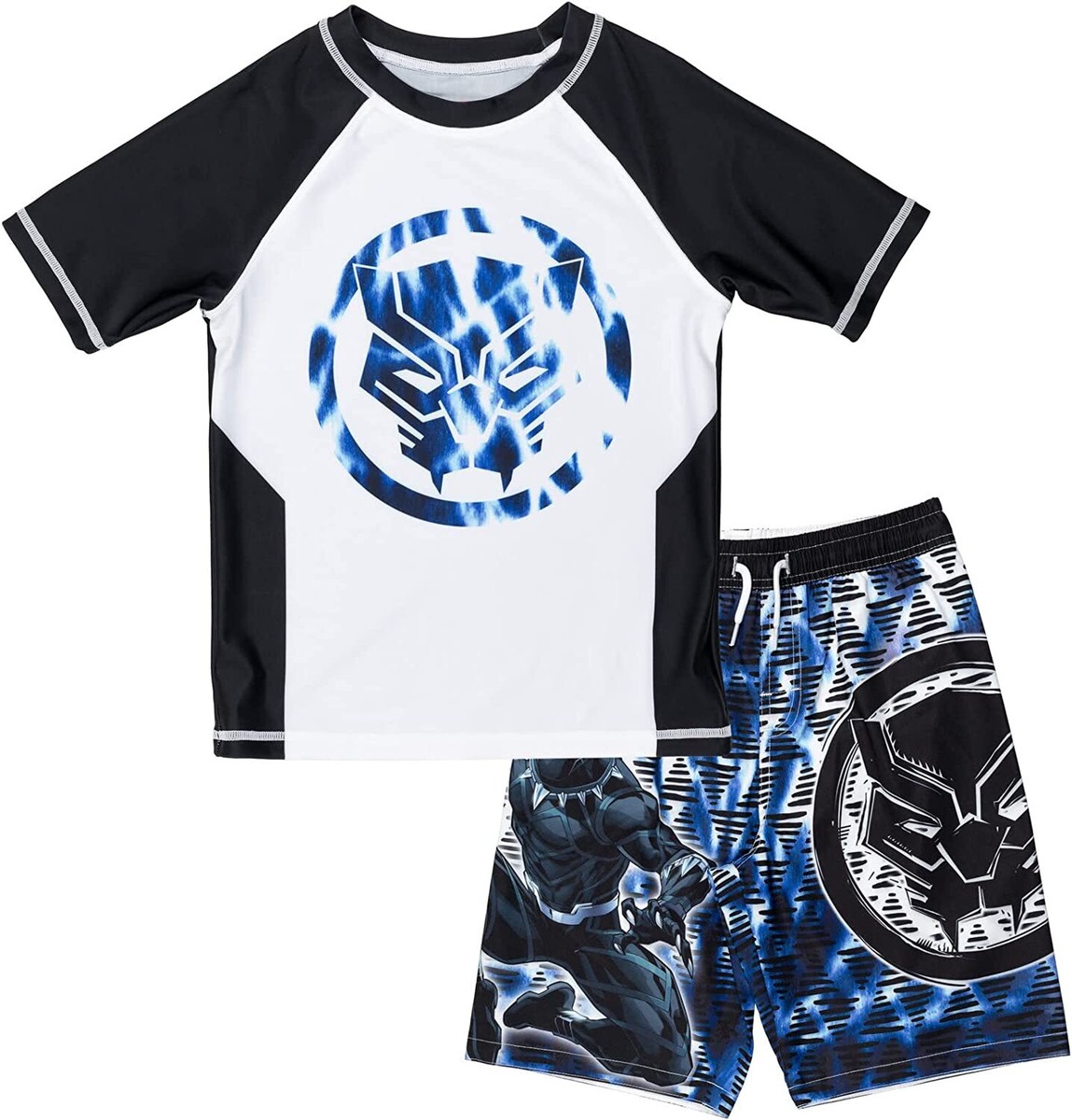 Marvel Comics ☆ Boys' Black Panther Rash Guard Swim Trunks Set ☆ Sizes  4-16