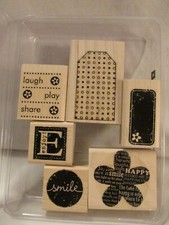 Stampin Up Be Happy Wood Mounted Rubber Stamps 2006 Set of 6 Retired Tag Flower
