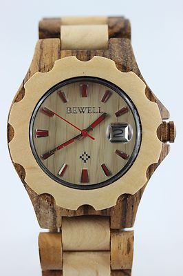 Bewell Holzuhr Datum Ahorn-Zebrano 42mm A-Ware Top Geschenk Herrenuhr Damenuhr