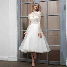 Princess Lace Tea Length Wedding Dresses Appliques V-Neck Tulle Bridal Gowns-