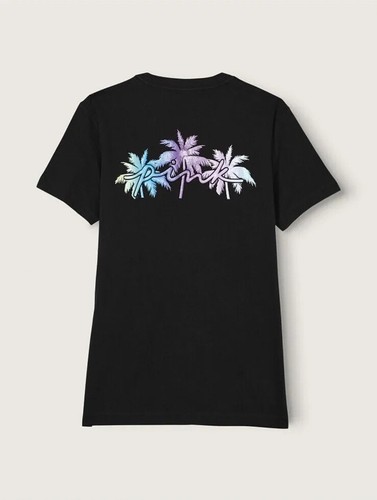Victoria's Secret PINK Bling Campus Short Sleeve Tee Black Shine Palm T Shirt