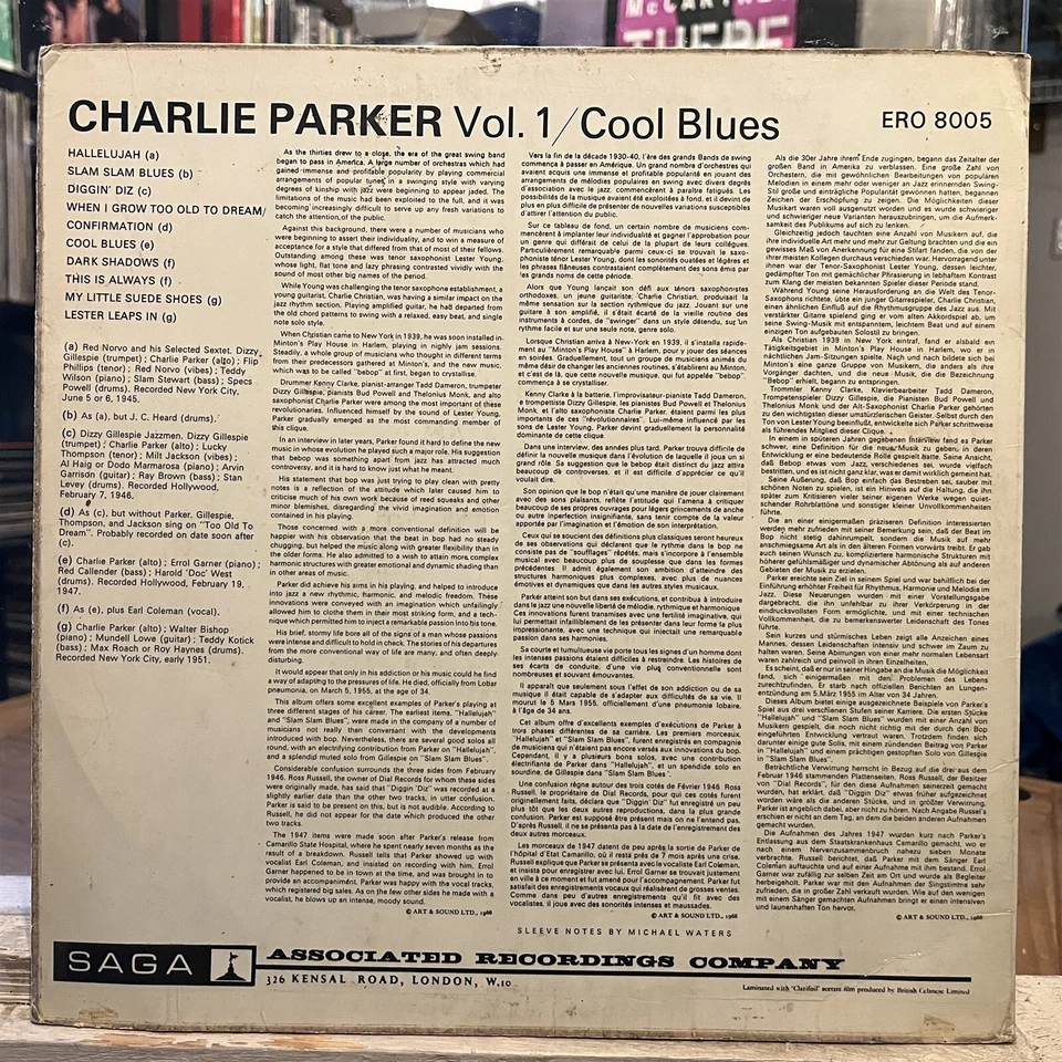 [JAZZ]~VG+ LP~CHARLIE PARKER~Vol 1~Cool Blues~[1966~SAGA EROS~Issue]~UK Import~ - Image 2 of 4