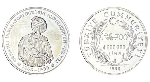 TURKEY 1999, OTHMAN GHAZI, 4.000.000 Lira, Silver Coin, 925 Ag UNC