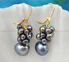 Natural 5-6mm 10-12mm Black Freshwater Baroque Pearl Cluster Dangle Earrings