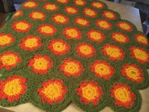 Vintage Handcrafted Crocheted Floor Rug 44” Orange, Olive Green & Yellow 1970