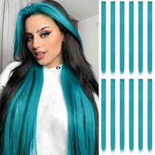 12 PCS Teal Blue Clip In Hair Extensions Colored Party Highlights for Kids Girls