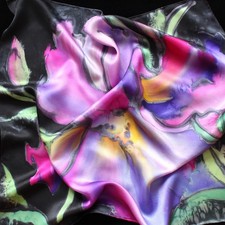 Seidentuch Iris Seidenmalerei Unikat 100% Seide Silk Hand-Painted lila 55x55 cm