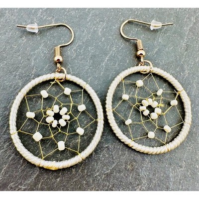 Ivory & Gold Tone Delicate Beaded Dreamcatcher Earrings