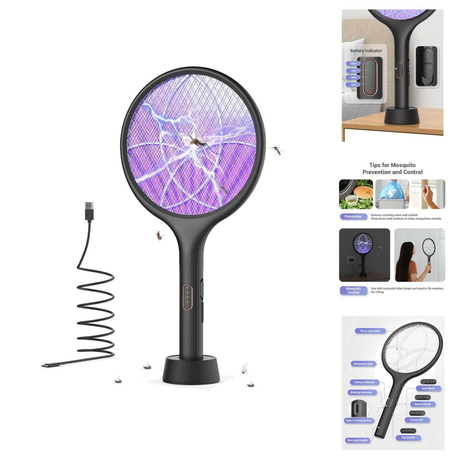Electric Bug Zapper Racket 4000V Mosquito Killer Indoor Outdoor Rechargeable