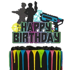 Laser Tag Happy Birthday Cake Topper Black Glitter Neon Shooting Game Themed for