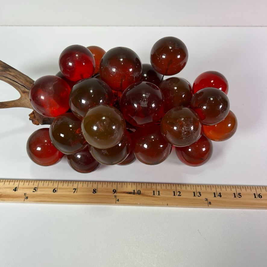 Vintage Mid Century Cluster of Red Acrylic Lucite Grapes Drift Wood Decorative