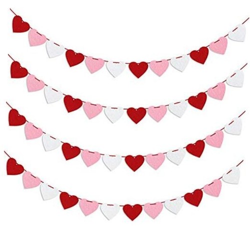 Felt Heart Garland Banner, Pre-Strung | Valentine Decorations | Red Pink White