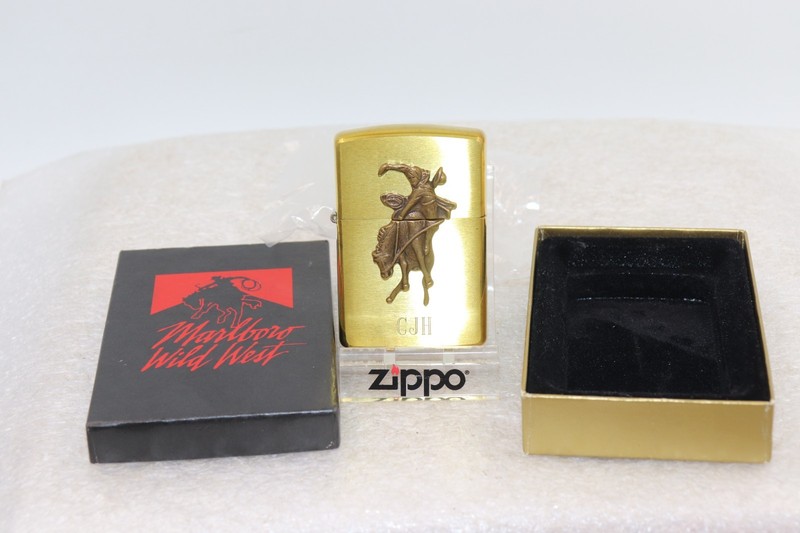 1992 Marlboro Wild West Zippo Lighter Brass Bronc Rider, Box, Unfired, Engraved