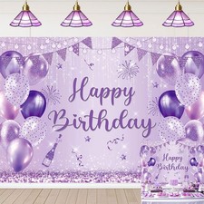 Purple Happy Birthday Banner Backdrop 7x5FT Shiny Glitter Balloon Photography...