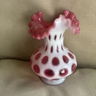 Vintage Fenton Cranberry Opalescent Coin Dot Ruffled Edge Pink Vase 7 in