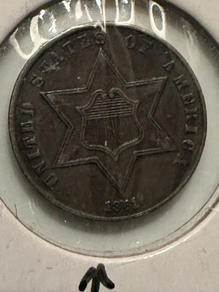 Серебряная монета номиналом 3 цента 1861 с отделкой — дата гражданской войны, состояние как новая — тонировка — красивая! - Изображение 3 из 4