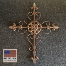Vtg Large Heavy Cross Fleur de Lis Decorative Cast Wrought Iron Garden Home